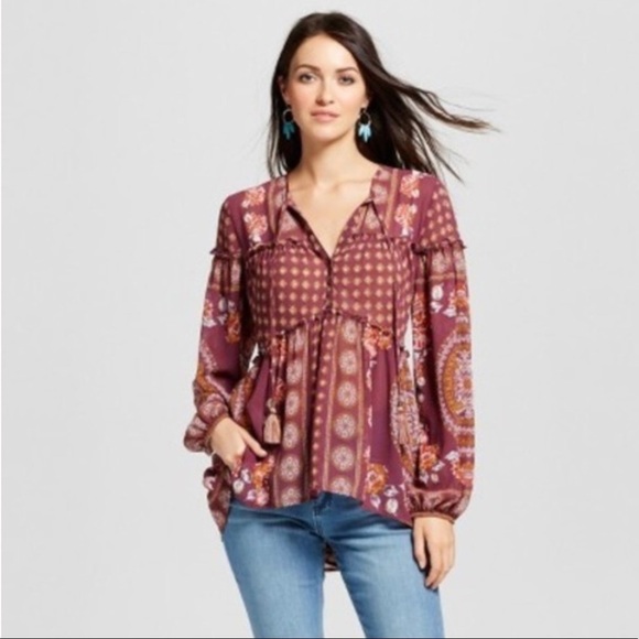 Knox Rose Tops - Knox Rose Boho Peasant Top with Tassels Small